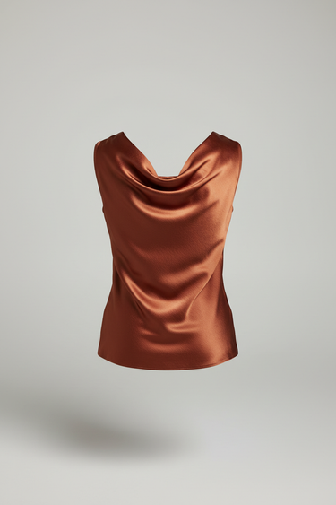 Evelyn Draped Cowl Neck Top Mahogany Copper back view
