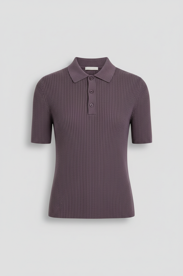 Emilia Knit Polo Top — Plum Smoke — Product Front