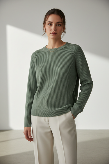 Eucalyptus Green - Model wearing Aurora Ribbed Knit Sweater