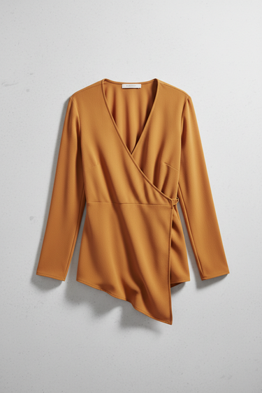 Florence Asymmetric Wrap Top in Dusty Marigold – product front view