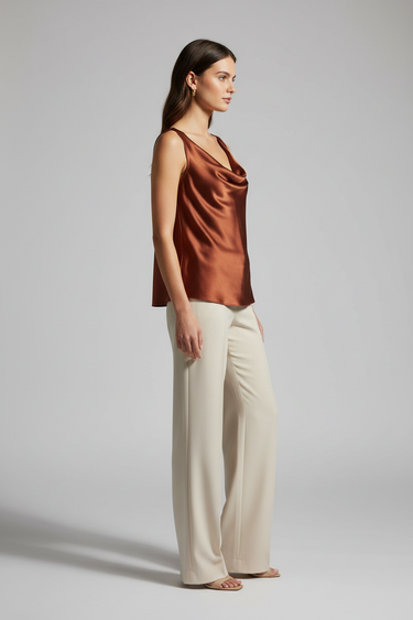 Model wearing Evelyn Draped Cowl Neck Top in Mahogany Copper alternate pose