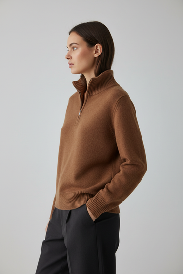 Amelia Half Zip Knit Sweater in Espresso Clay — model alt pose