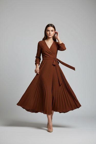 Sophia Pleated Wrap Midi Dress in Chestnut Amber - model front view
