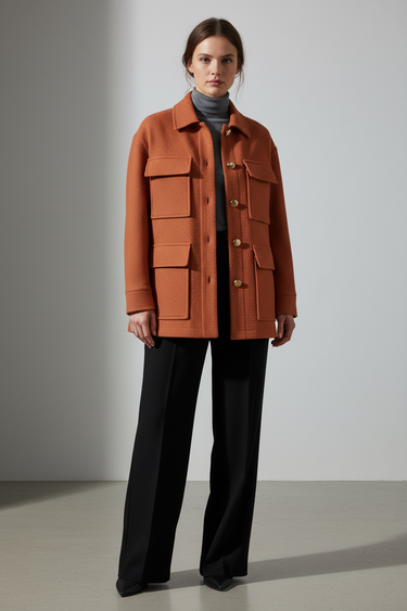 Terracotta Cedar — Female model wearing Victoria Tailored Utility Jacket, front pose