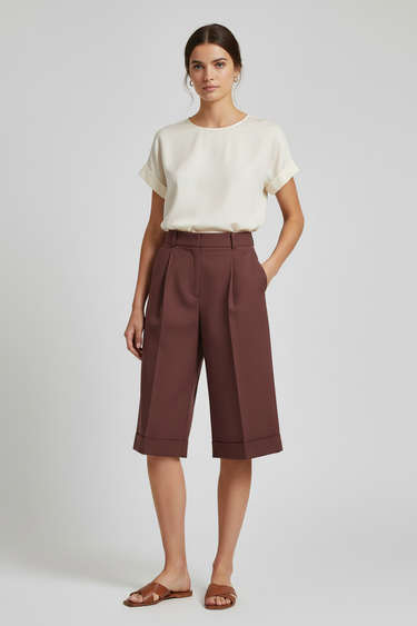 Charlotte Tailored Bermuda Shorts — Aubergine Copper — Model Shot 1