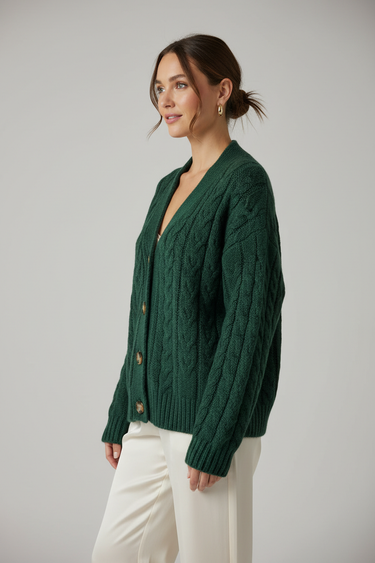Aurora Cable Knit Cardigan — Evergreen Pine — Model Alt Pose