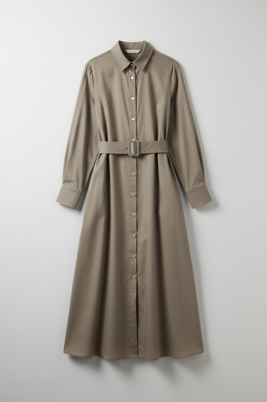 Victoria Belted Shirt Dress in Desert Stone - front view