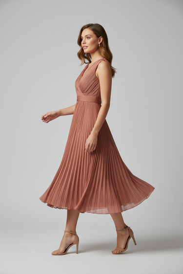 Isabelle Pleated Midi Dress — Copper Blush, model alt pose