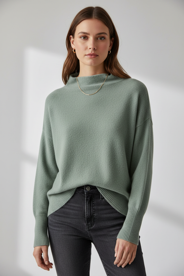 Sage Smoke - Model wearing Celeste Mock Neck Sweater