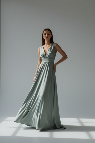 Dusty Sage - Model wearing Luna Satin Maxi Dress