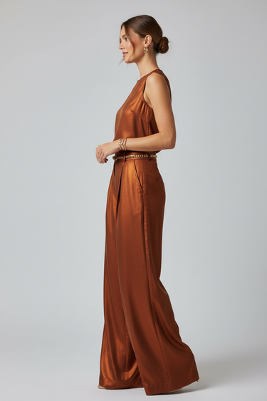 Victoria Pleated Wide Leg Trousers — Cinnamon Bronze — Model Alt Pose
