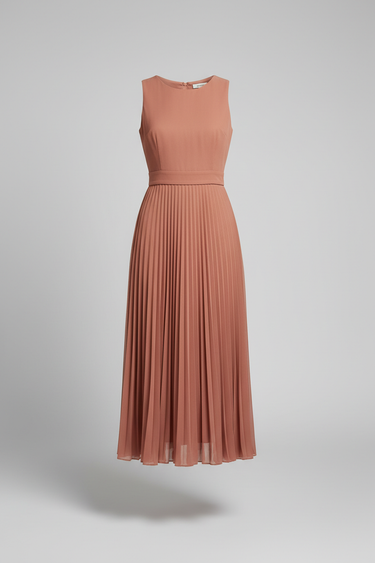 Isabelle Pleated Midi Dress — Copper Blush, product front view