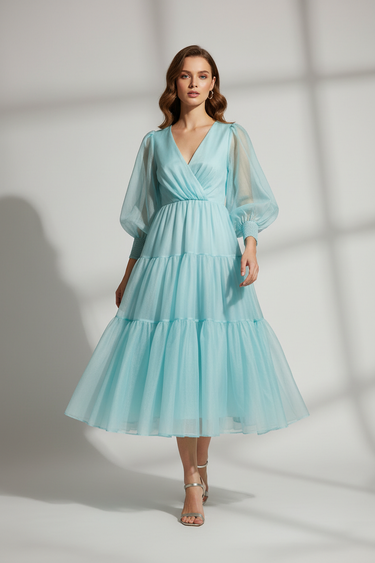 Amelia Tiered Cotton Dress — Crystal Aqua — Model Front