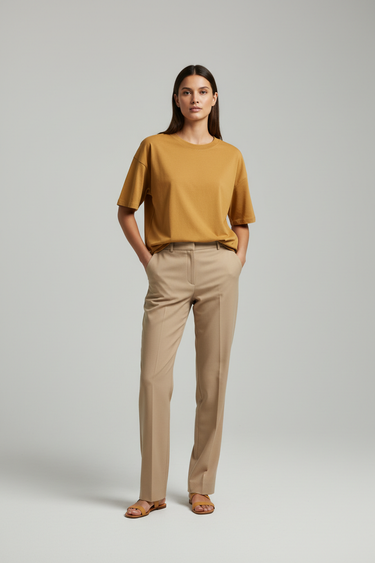 Jackie Essential Oversized Tee in Golden Willow - model front view
