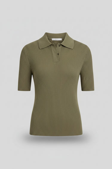 Emilia Knit Polo Top — Olive Stone — Product Front