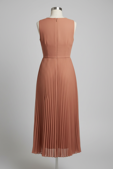 Isabelle Pleated Midi Dress — Copper Blush, product back view