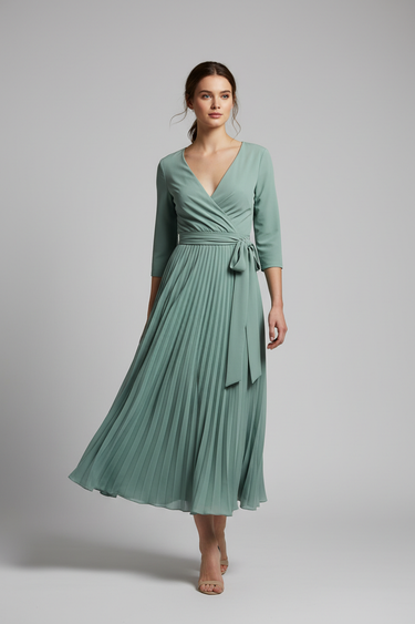 Sophia Pleated Wrap Midi Dress in Frosted Seafoam - model front view
