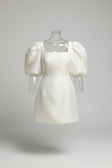 Camille Puff Sleeve Mini Dress in Polar Ivory - front view