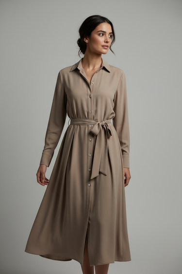 Victoria Belted Shirt Dress in Desert Stone - model alternate pose