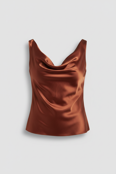 Evelyn Draped Cowl Neck Top Mahogany Copper front view