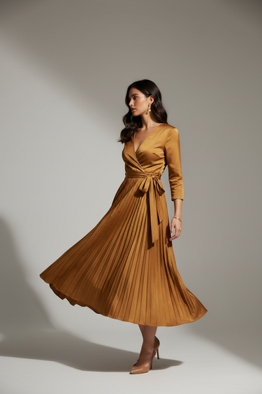 Sophia Pleated Wrap Midi Dress in Golden Truffle - model alternate pose