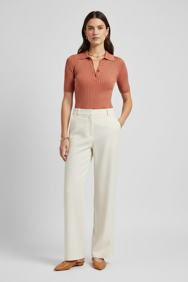 Emilia Knit Polo Top — Terracotta Blush — Model Front