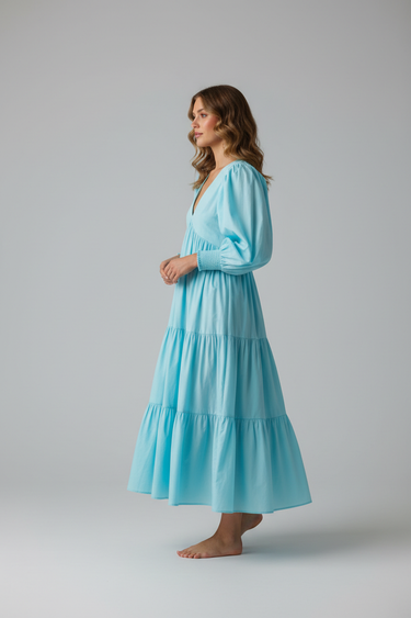 Amelia Tiered Cotton Dress — Crystal Aqua — Model Alt Pose